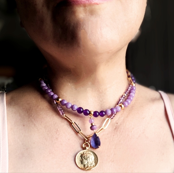 Natural Purple Jade & Amethyst Two Strand Bead In Paperclip Chain Necklace - Picture 10 of 10